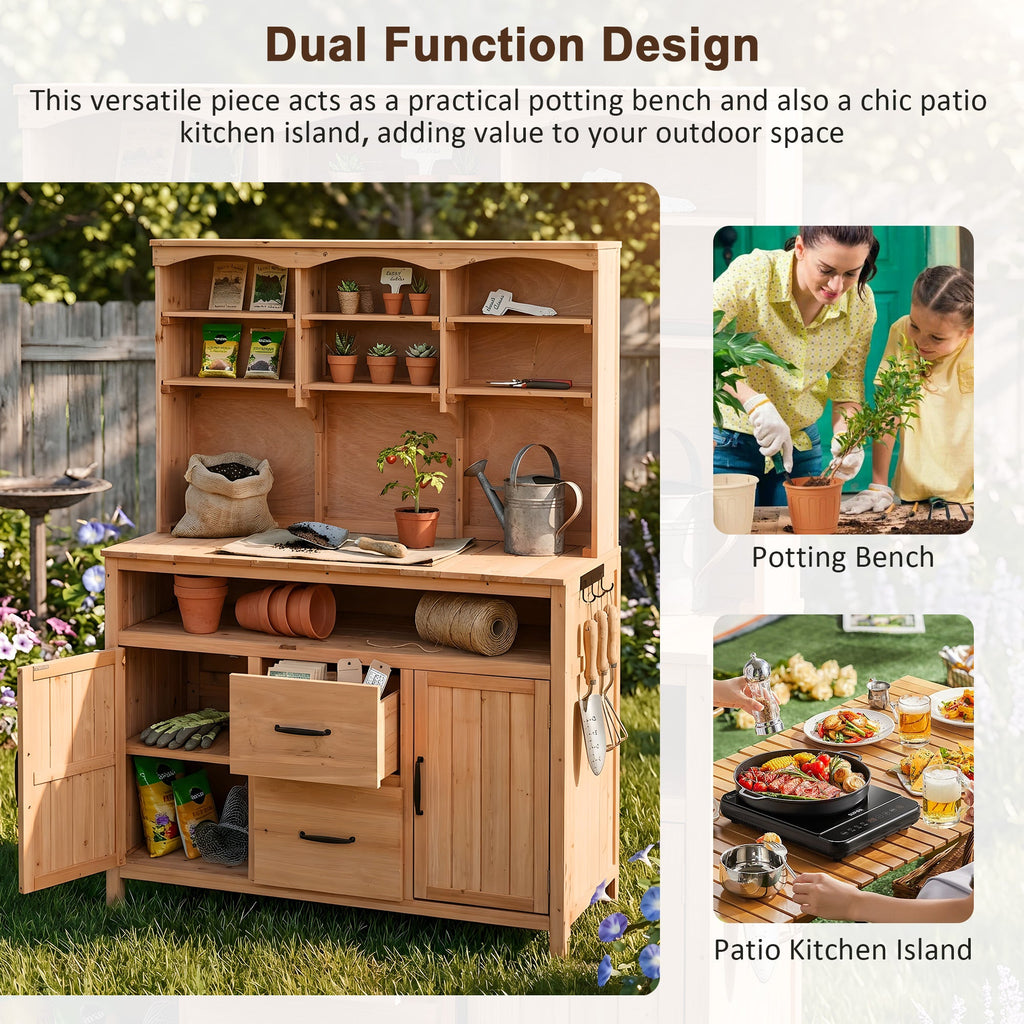 Large Fir Wood Potting Bench with Hutch, Cabinets & Drawers