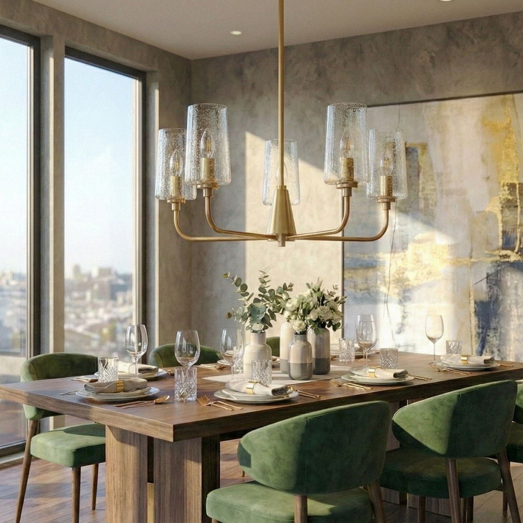 5 Lights Chandelier With Clear Seeded Satin - Antique Brass