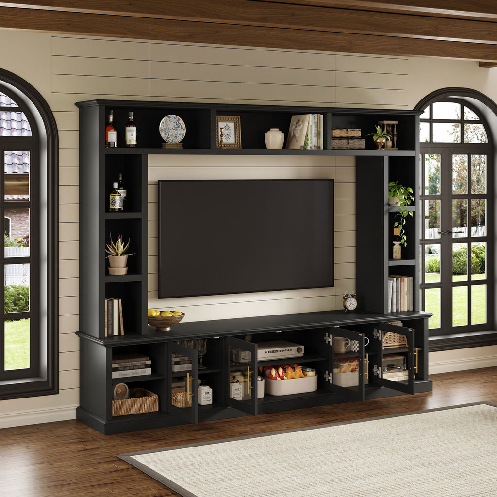 All-In-One Entertainment Center With Bookshelves & Tempered Glass Doors