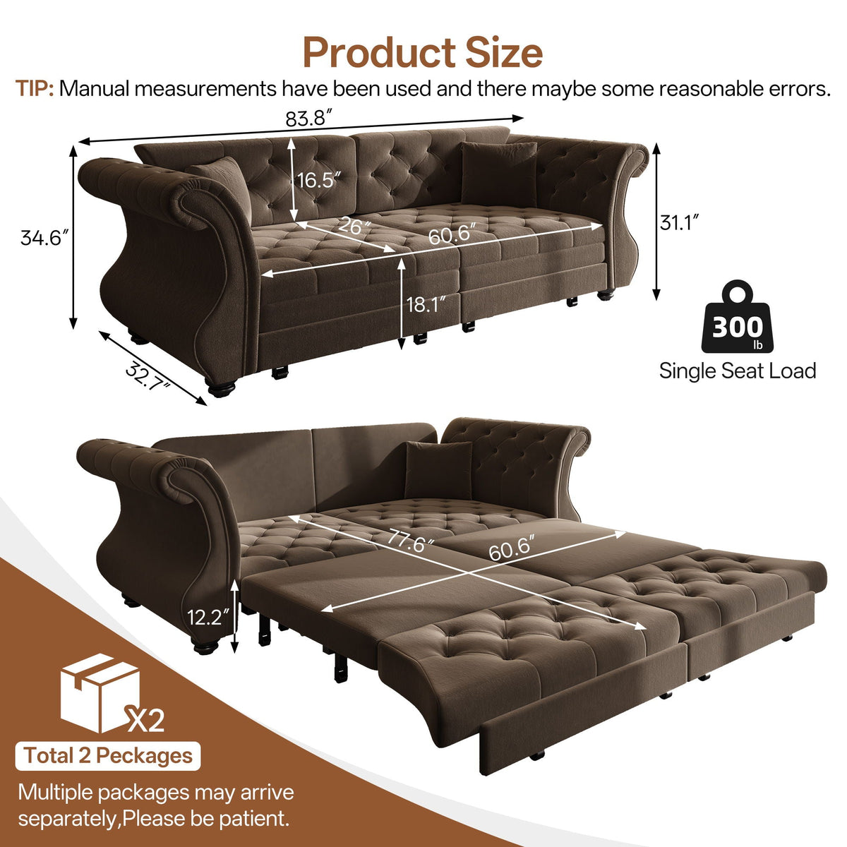 Oversized Chesterfield Pull Out Sofa Bed with Flower Tufting