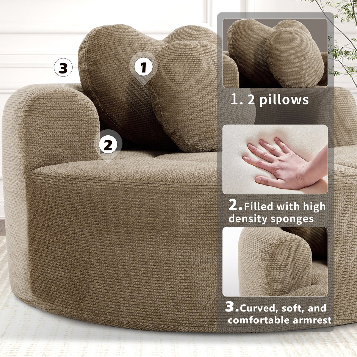 Round Sofa Bed with Memory Foam Sectional Couch
