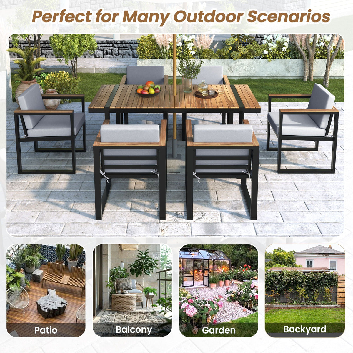 7 Pieces Dining Set Table And Chair Set With And Removable Cushions For Patio