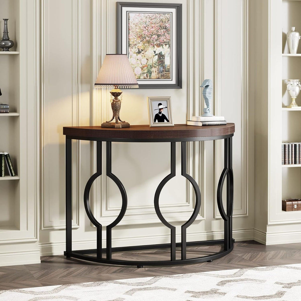 Half Moon Console Table For Entryway With Geometric Base