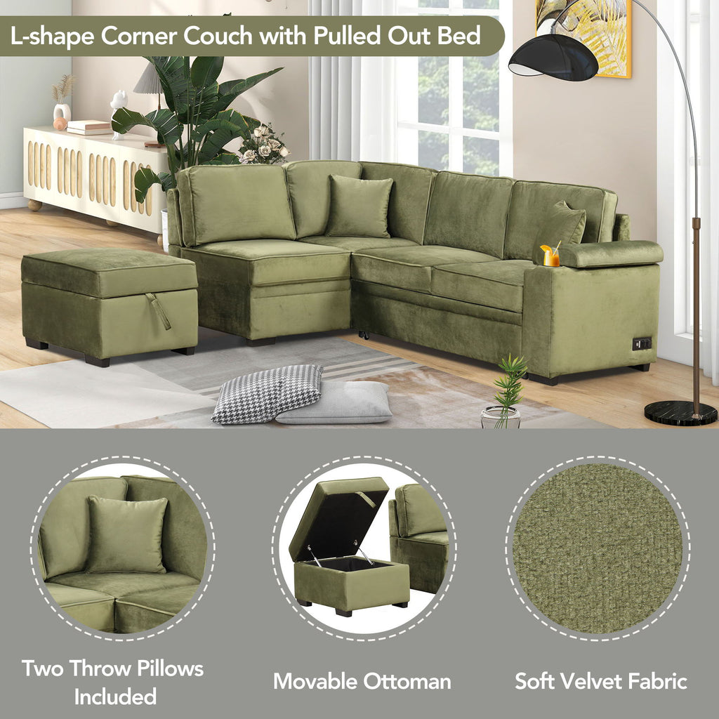 2 In 1 Pull Out Sofa Bed, L Shape Couch With Storage Ottoman