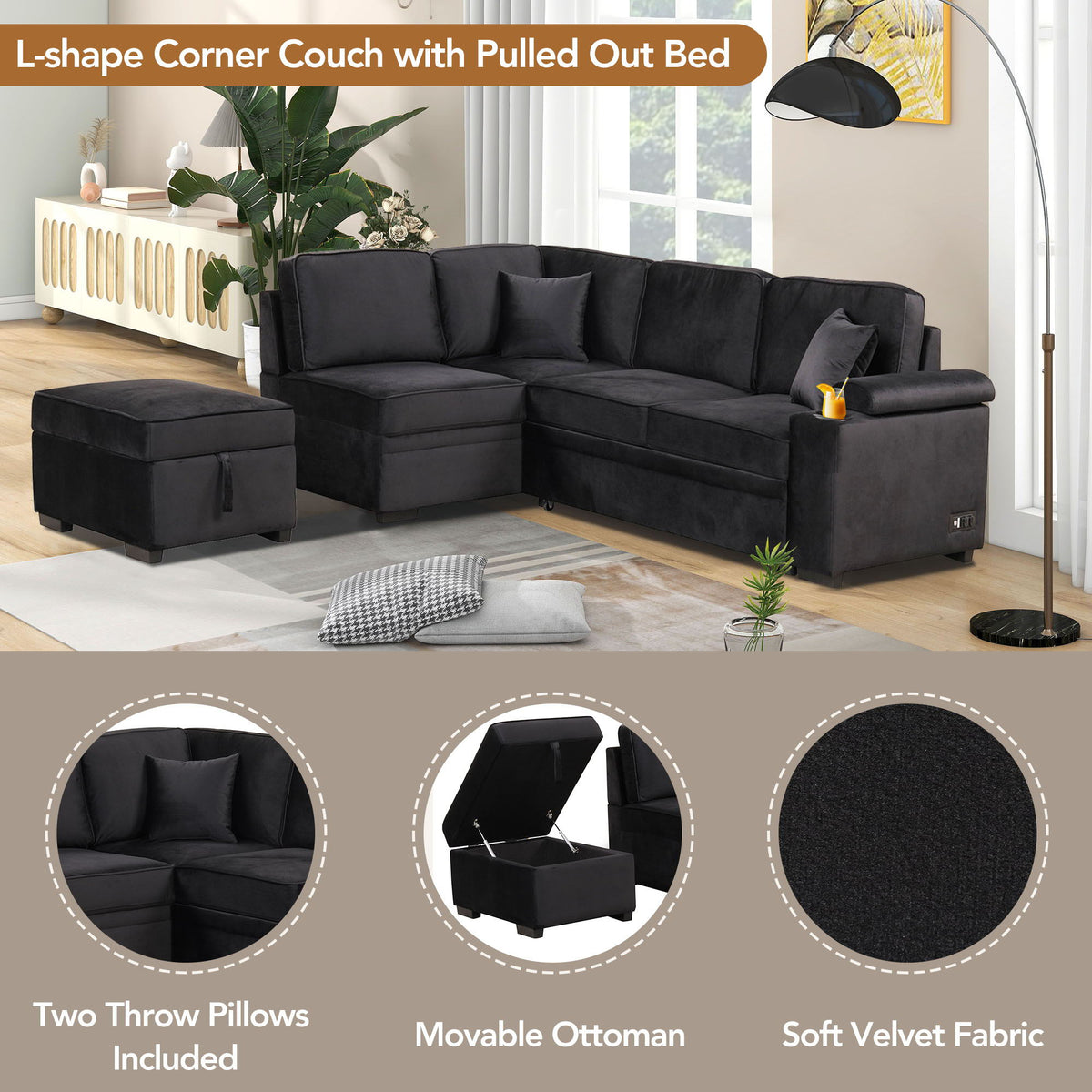 2 In 1 Pull Out Sofa Bed, L Shape Couch With Storage Ottoman