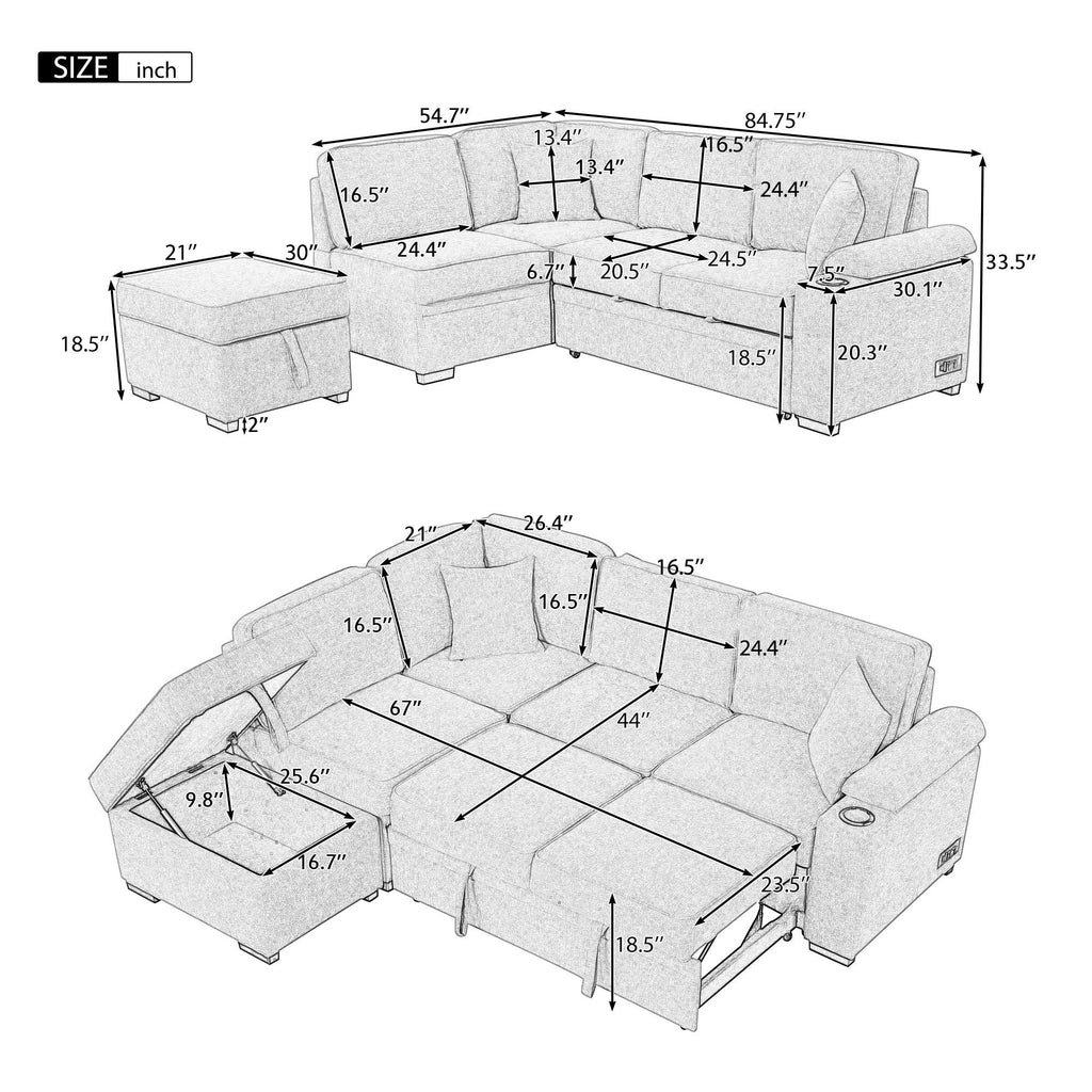 2 In 1 Pull Out Sofa Bed, L Shape Couch With Storage Ottoman