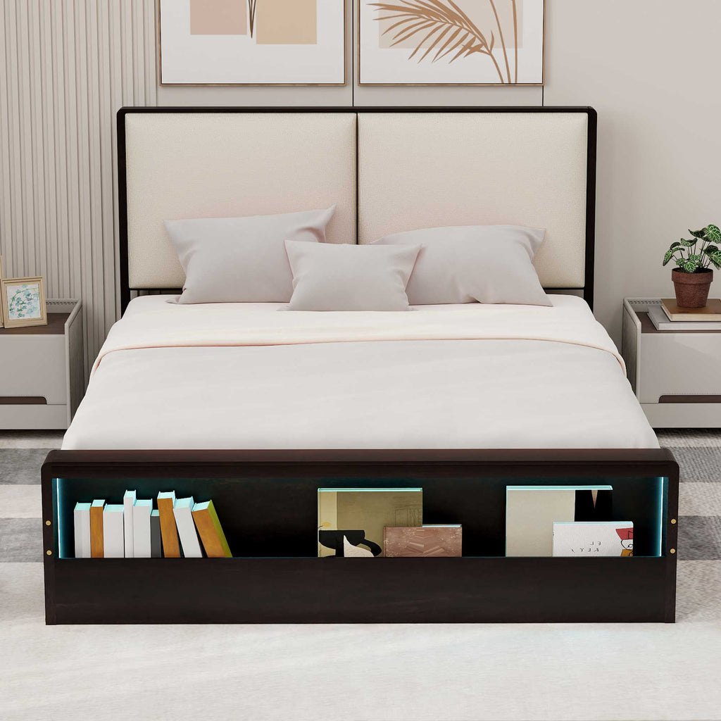 Queen Size Platform Bed Frame with Upholstery Headboard and Bookshelf