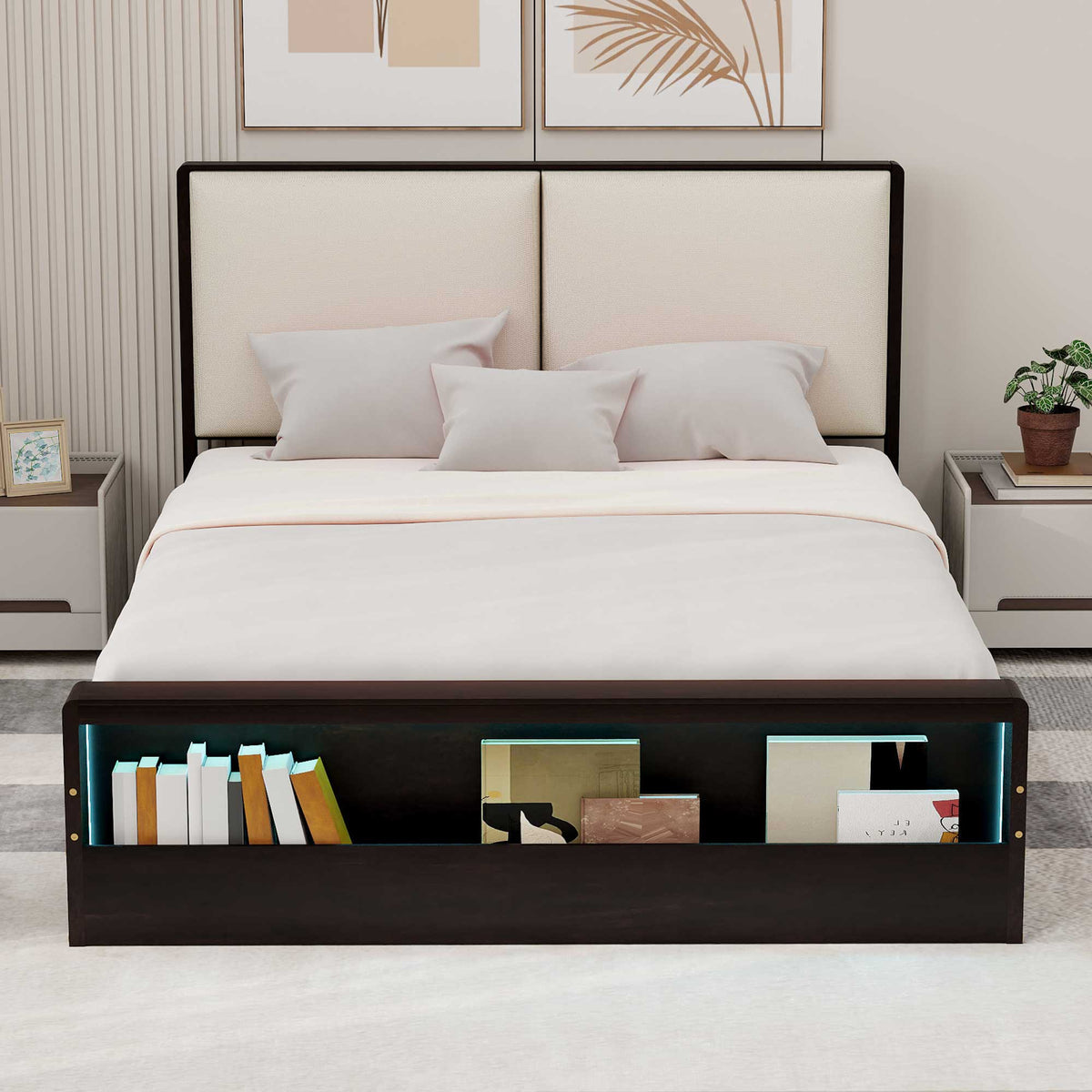 Queen Size Platform Bed Frame with Upholstery Headboard and Bookshelf
