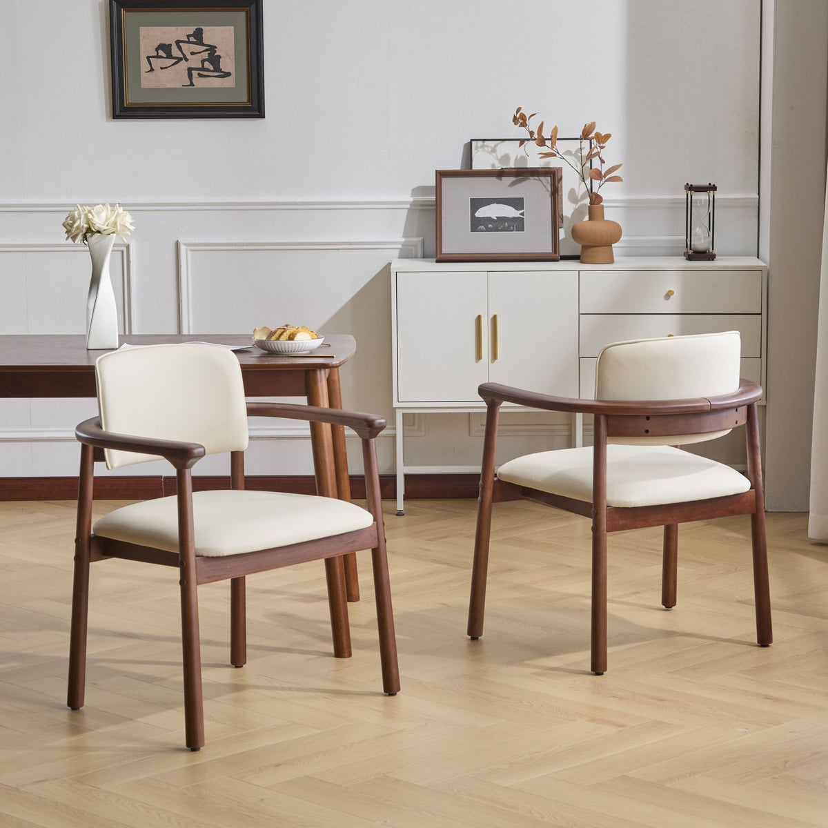 Dining Room Chairs, Set of 2 - Beige / Dark Walnut
