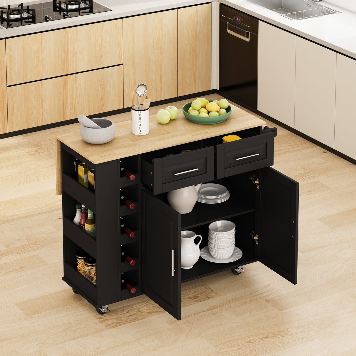 Multi-Functional Kitchen Island Cart, 2 Door Cabinet, Two Drawers