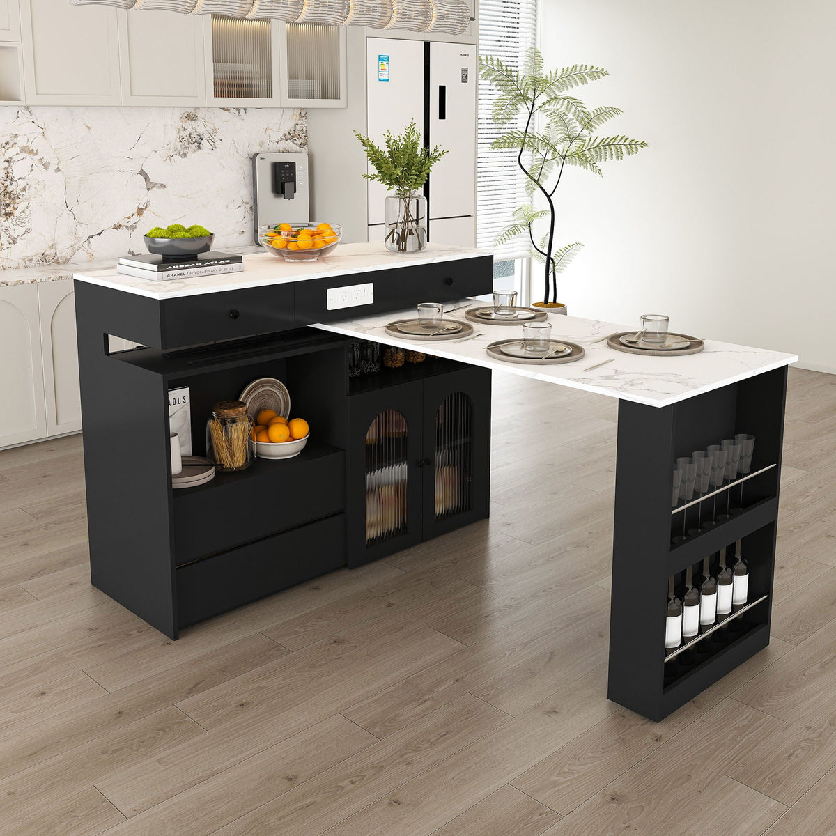 Kitchen Island, Extendable Rotating Table, 4 Drawers & Glass Doors