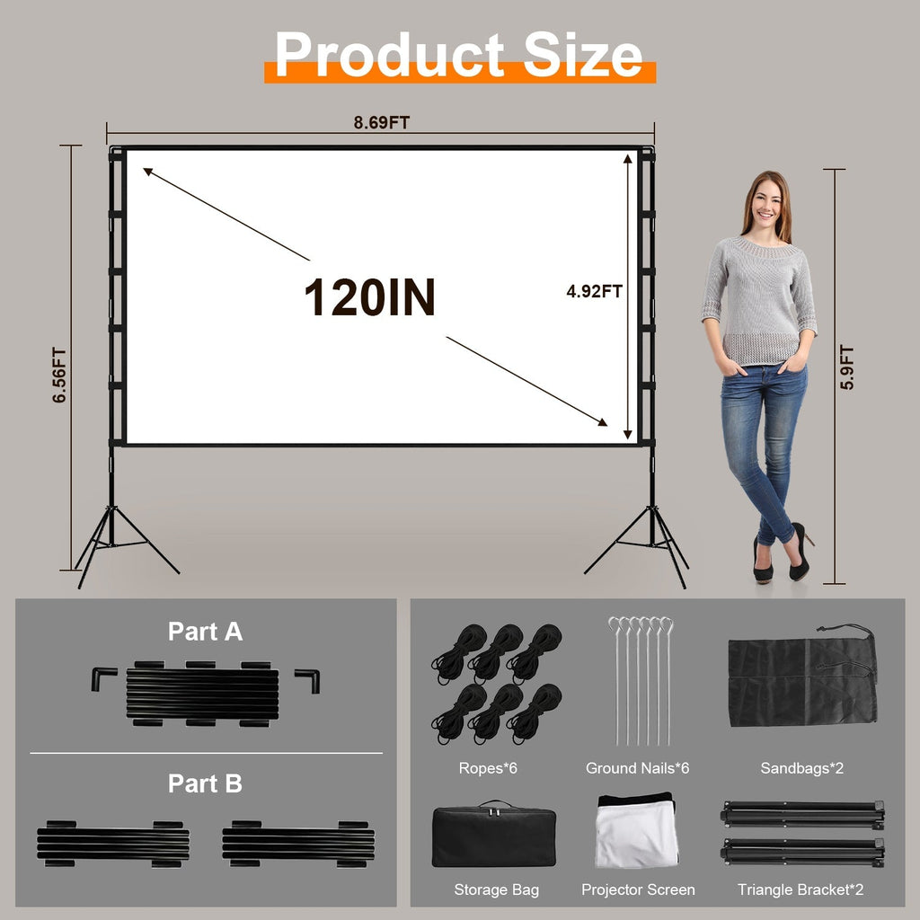 120inch Projector Screen with Stand 16:9 4K HD Rear Front Wrinkle-Free Movie Screen