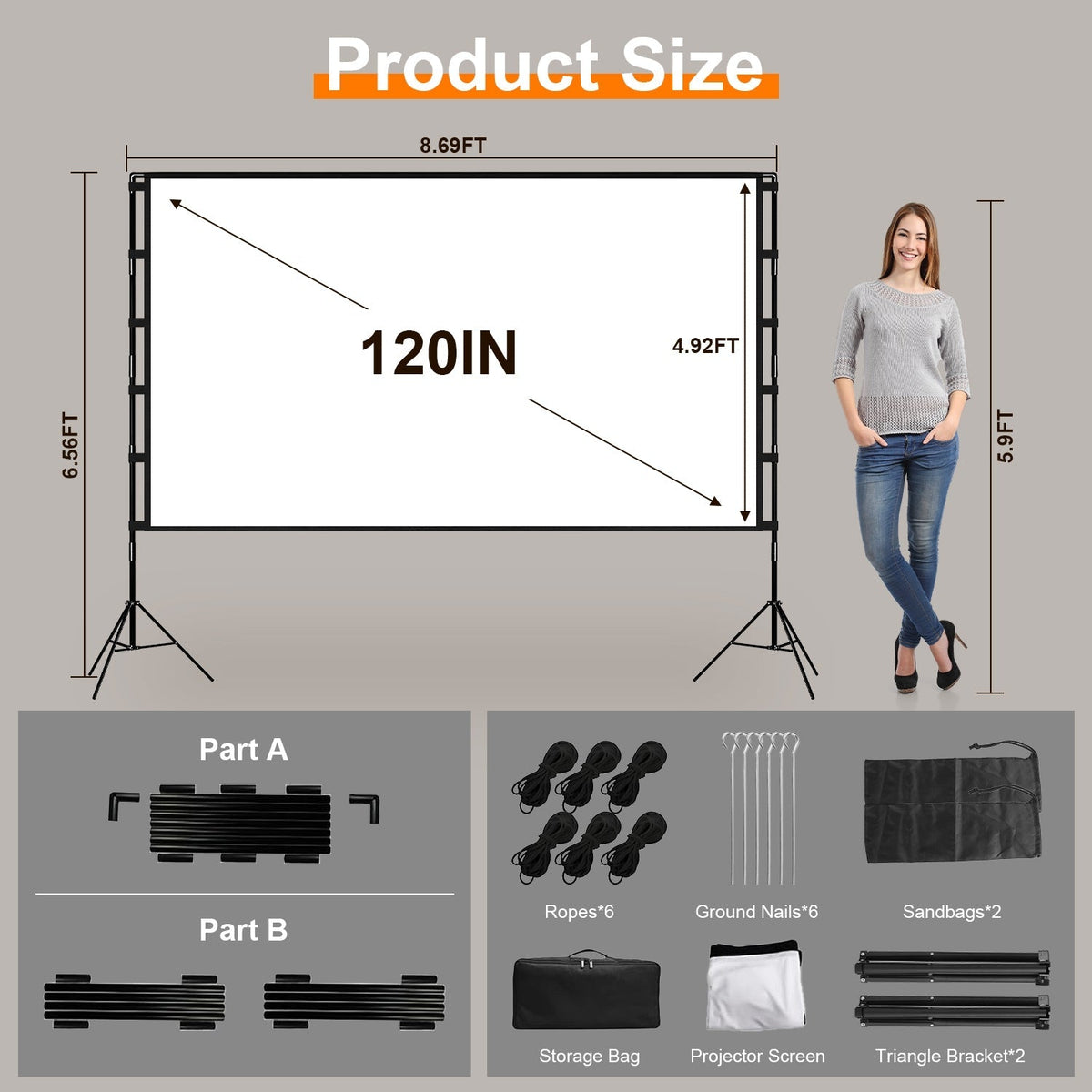 120inch Projector Screen with Stand 16:9 4K HD Rear Front Wrinkle-Free Movie Screen