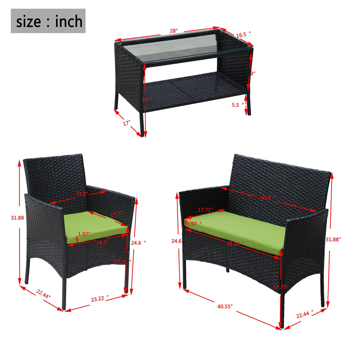 4 PC Rattan Patio Set Outdoor Cushioned Wicker Sofa Green Cushion