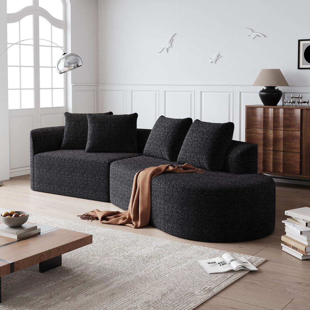 Oversized Sectional Sofa, 4 Seater Extra Deep, Wide Curved Couch With 4 Throw Pillows