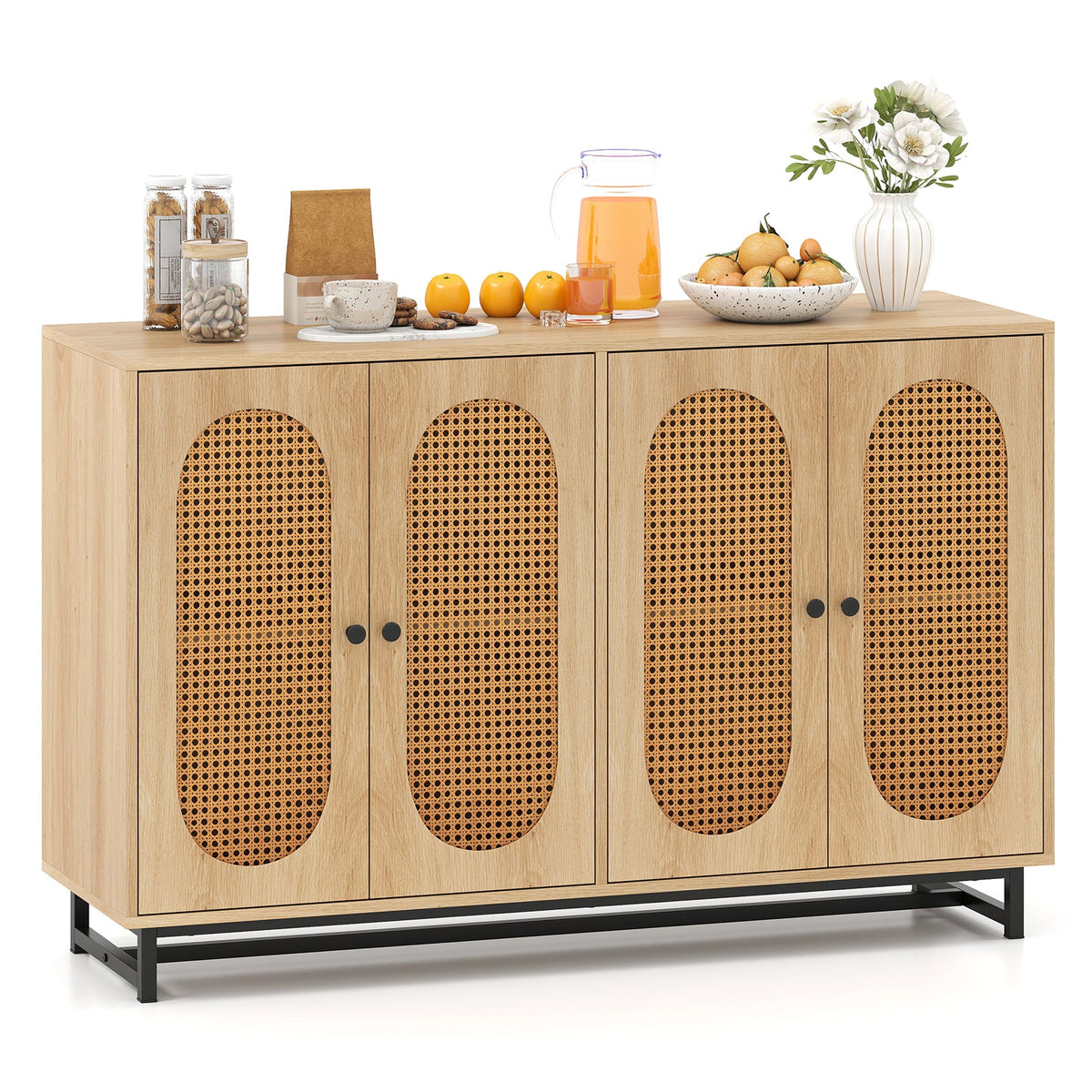 50 Inch Buffet Sideboard Cabinet with 4 Rattan Doors