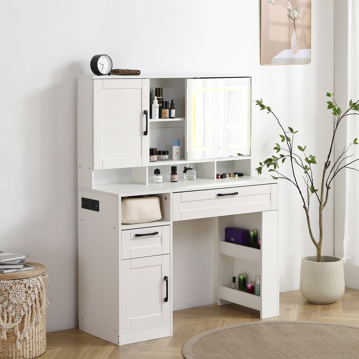 Vanity table with large sliding lighted mirror dressing table with 2 drawers storage shelves