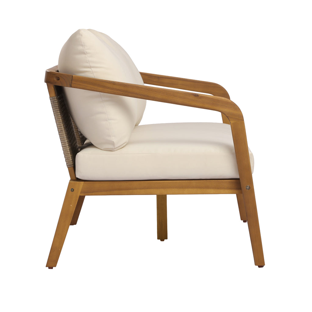 Acacia Wood Outdoor Patio Club Chair with Wicker Backrest & Cushion - Cream, Light Brown