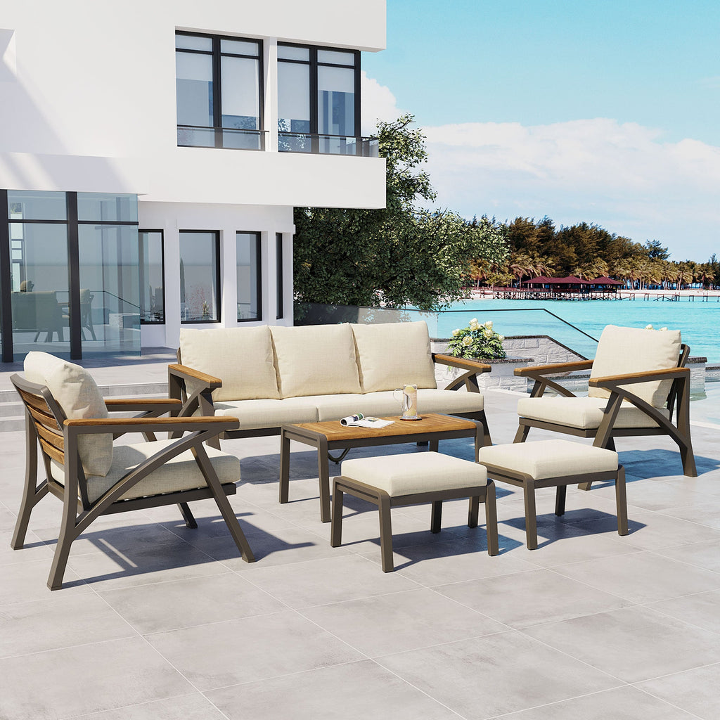 6-Piece Patio Furniture Set with Steel Frame Sofa & Acacia Wood Table