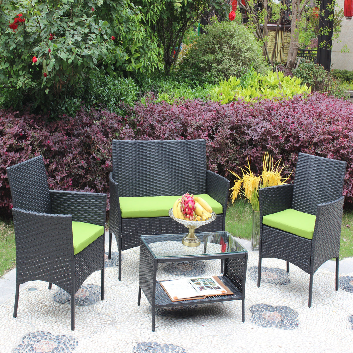 4 PC Rattan Patio Set Outdoor Cushioned Wicker Sofa Green Cushion