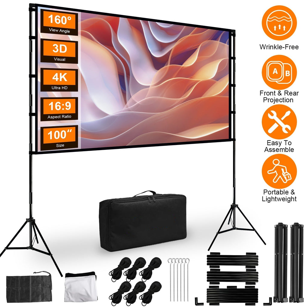100inch Projector Screen with Stand 16:9 4K HD Rear Front Wrinkle-Free