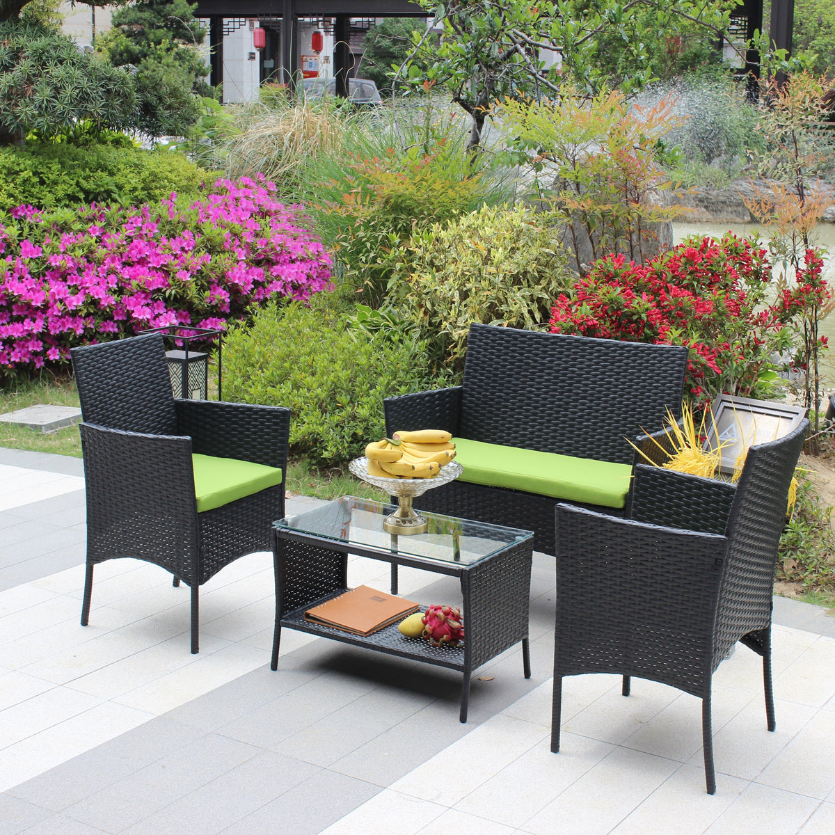 4 PC Rattan Patio Set Outdoor Cushioned Wicker Sofa Green Cushion