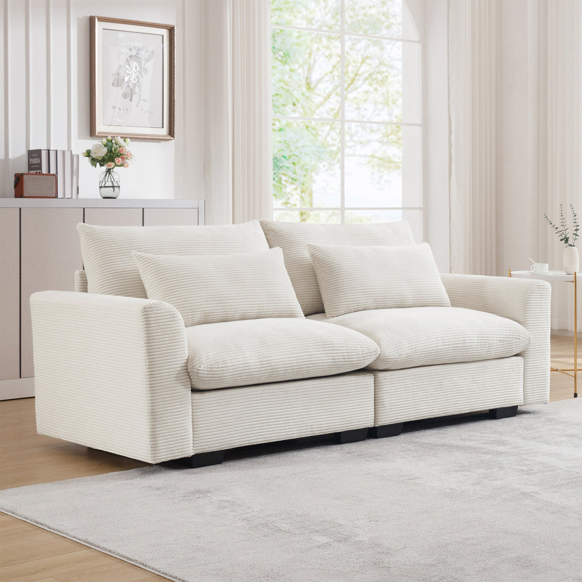 Beige Corduroy Sofa Couch, Deep Seat Couches