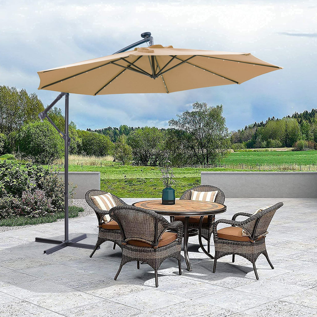 10 FT Solar LED Patio Outdoor Umbrella Hanging Cantilever Umbrella Offset Umbrella