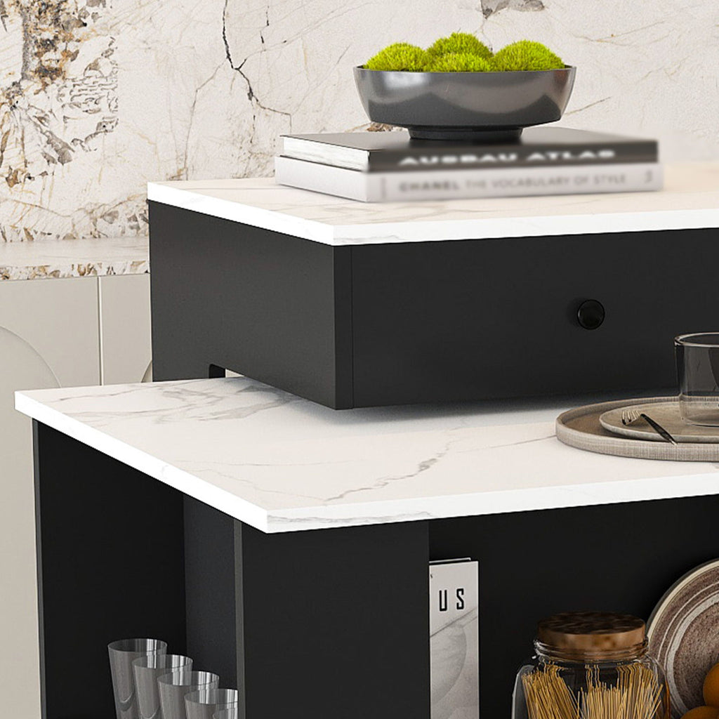 Kitchen Island, Extendable Rotating Table, 4 Drawers & Glass Doors