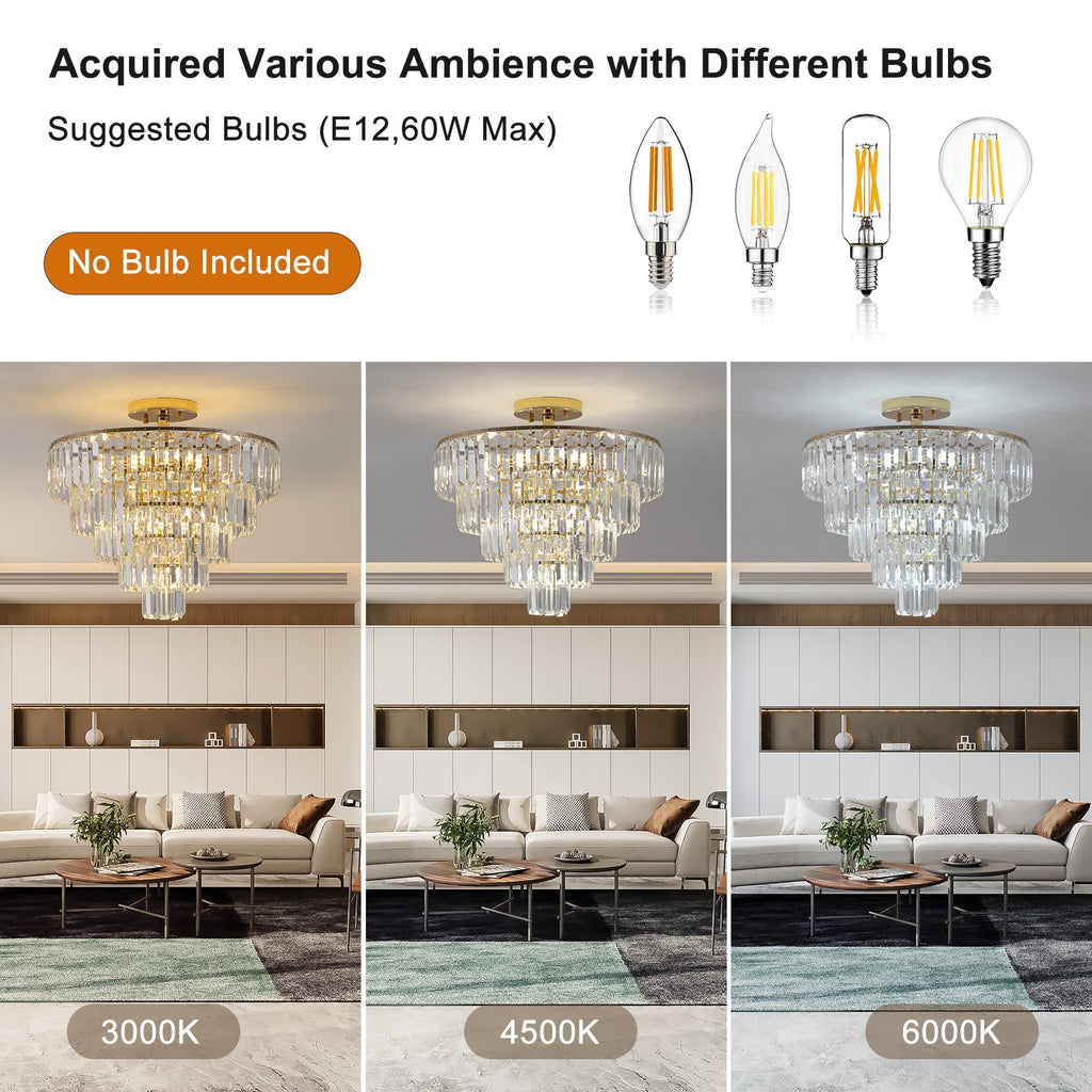 Gold Crystal Chandeliers,5-Tier Round Semi Flush Mount Chandelier