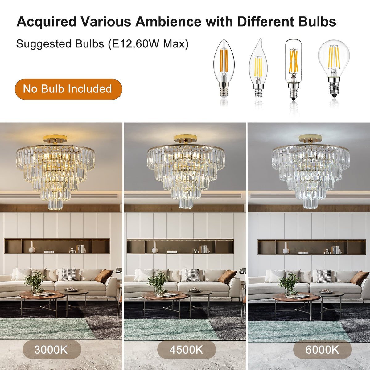 Gold Crystal Chandeliers,5-Tier Round Semi Flush Mount Chandelier