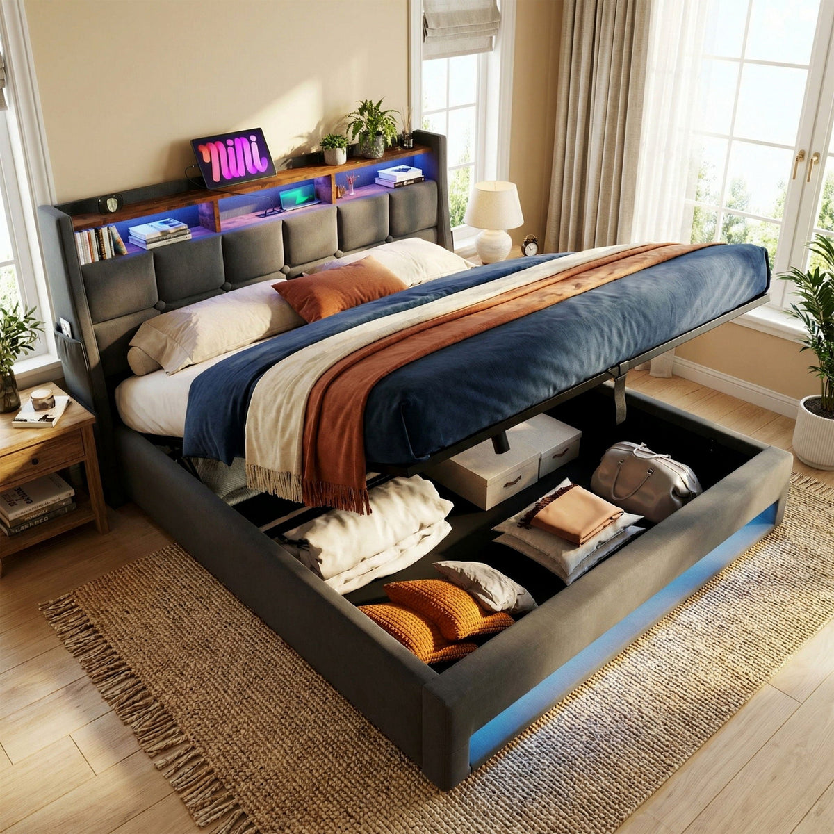 Upholstered Platform Bed With A Hydraulic Storage System, LED And USB Charging