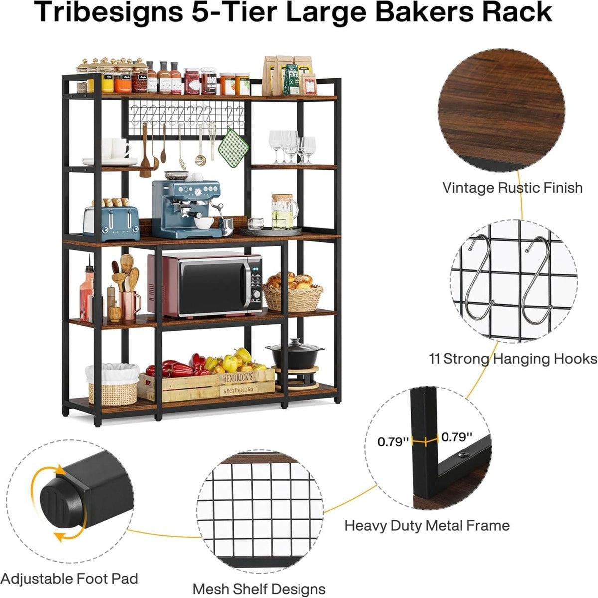 Baker's Rack With Hutch, 5 Tier Kitchen Storage Shelf