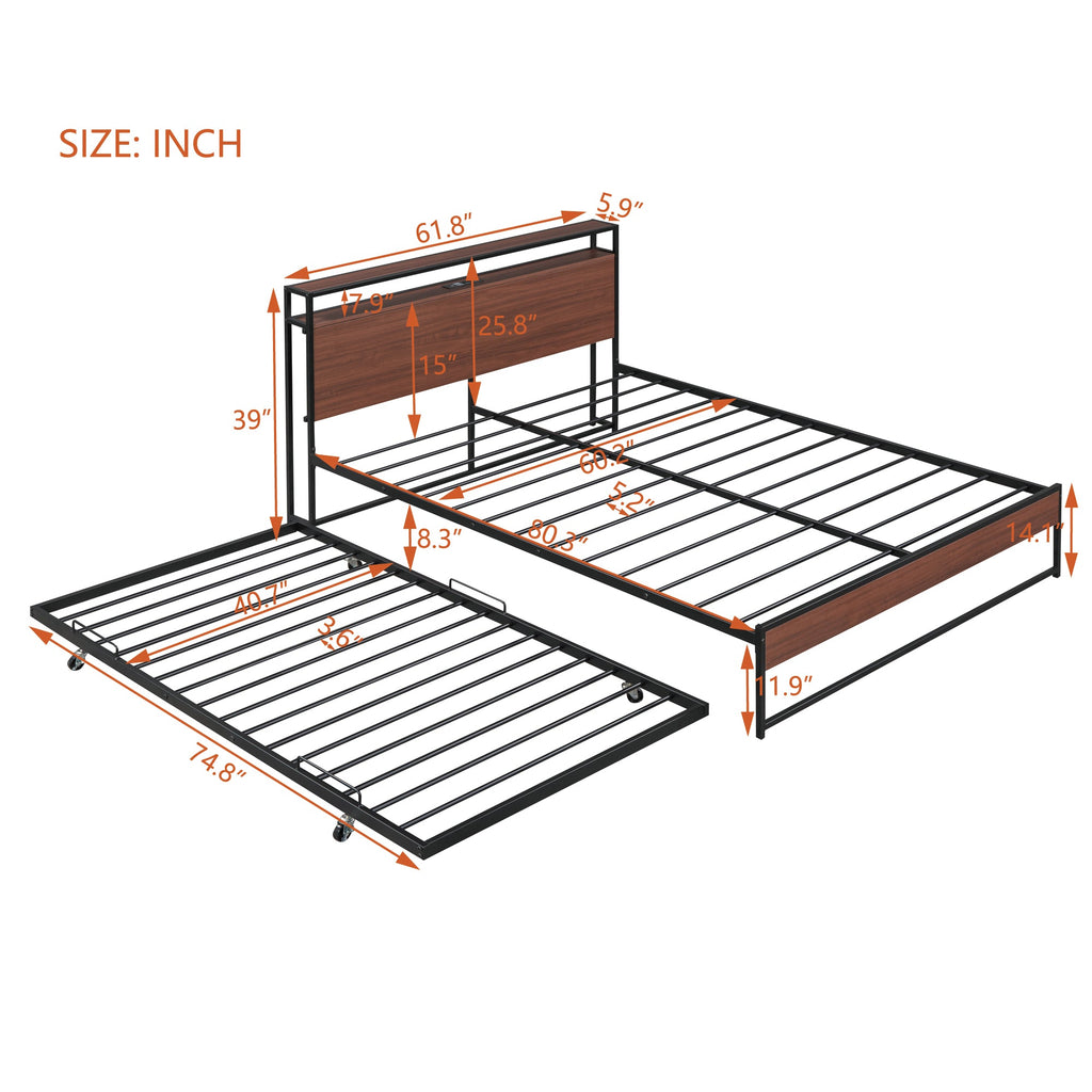 Queen Size Metal Platform Bed Frame with Trundle, USB Ports and Slat Support