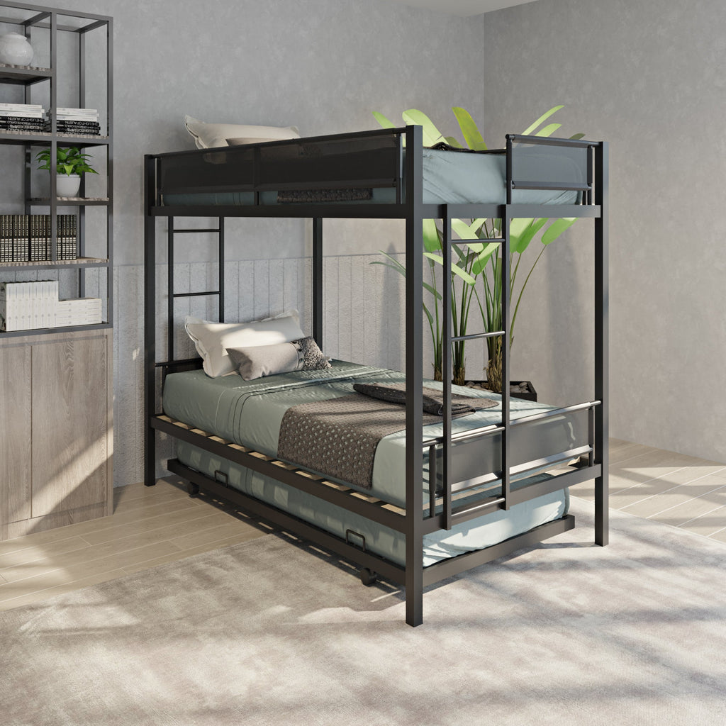Metal double bed with casters/sturdy frame/no noise/comfortable guardrail/