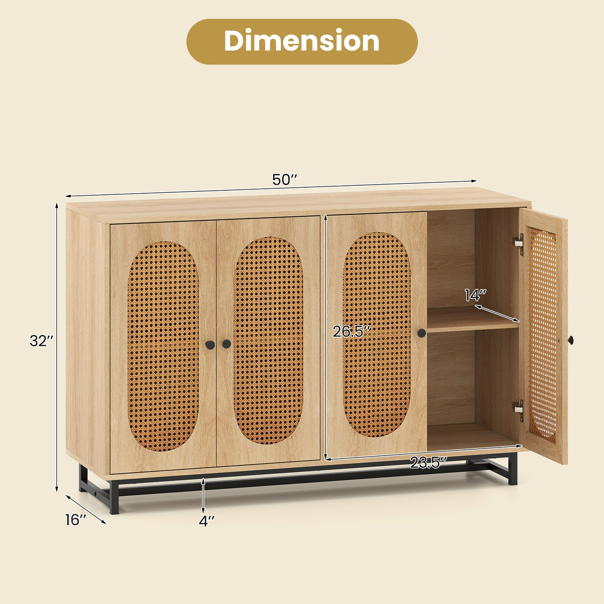50 Inch Buffet Sideboard Cabinet with 4 Rattan Doors