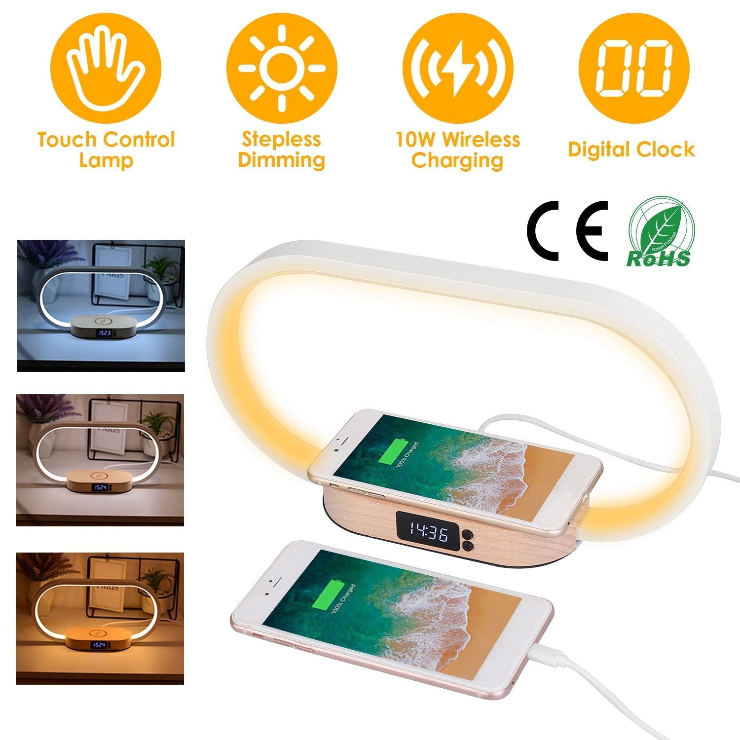 Bedside Table Lamp Touch Control Lamp with Clock
