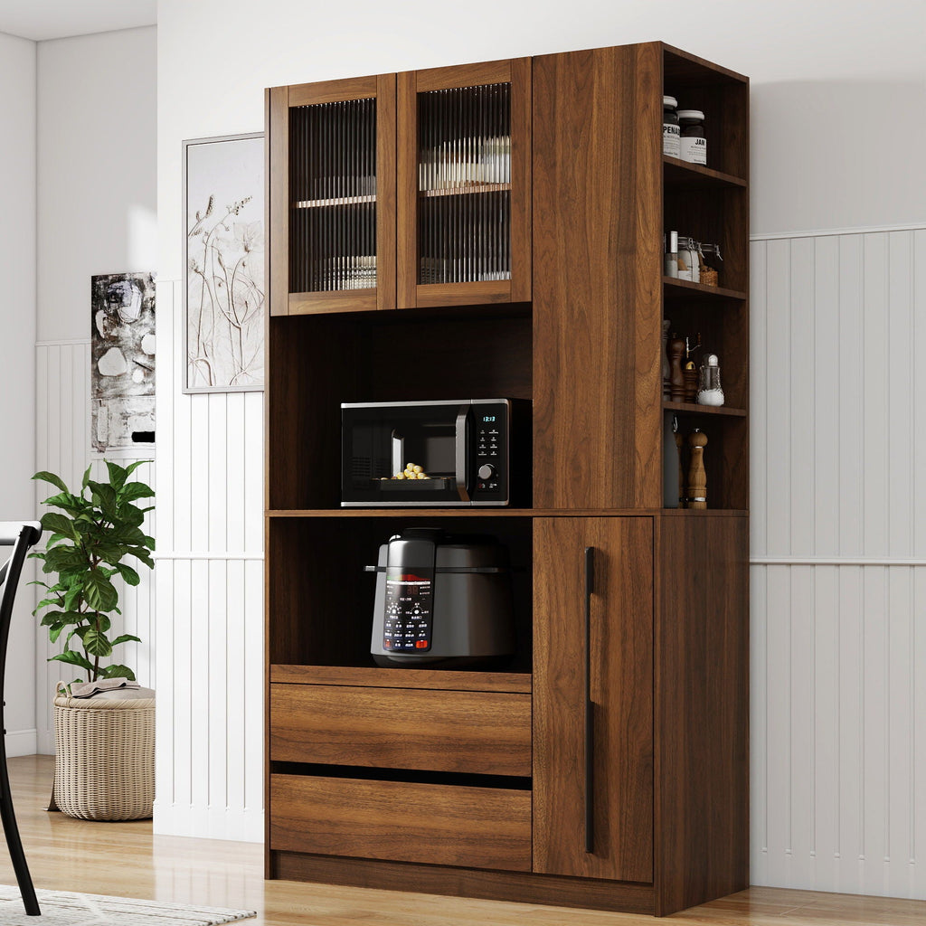Tall Kitchen Pantry Cabinet With 4 Tier Side Shelf, 2 Drawers