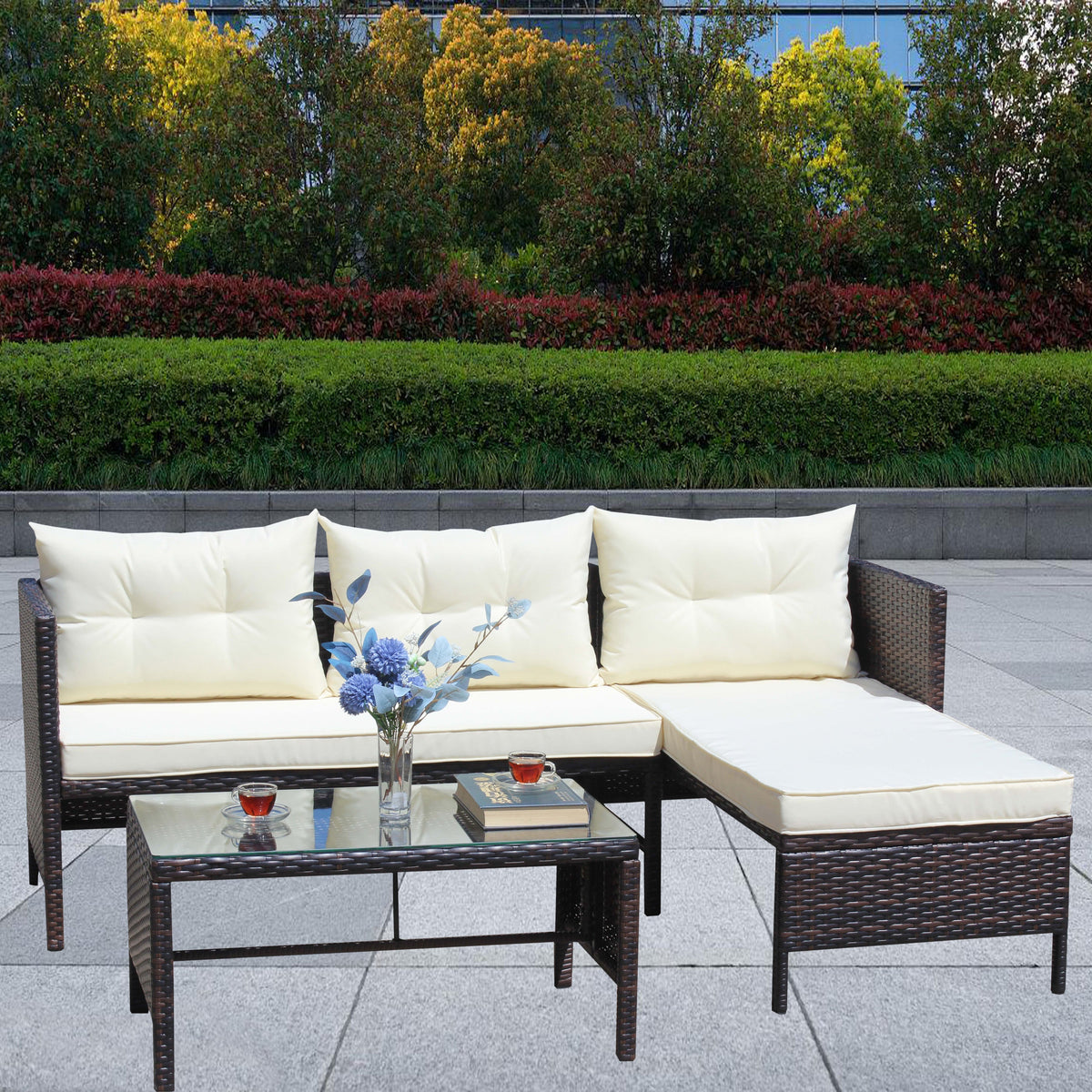 Patio 3-Piece Conversation Set with Wicker Rattan Sectional Sofa