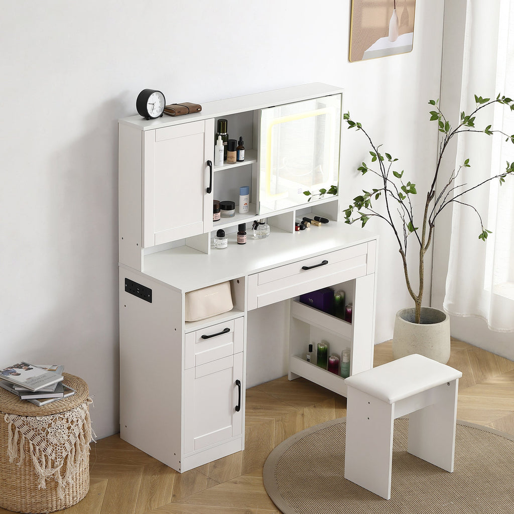 Vanity table with large sliding lighted mirror dressing table with 2 drawers storage shelves