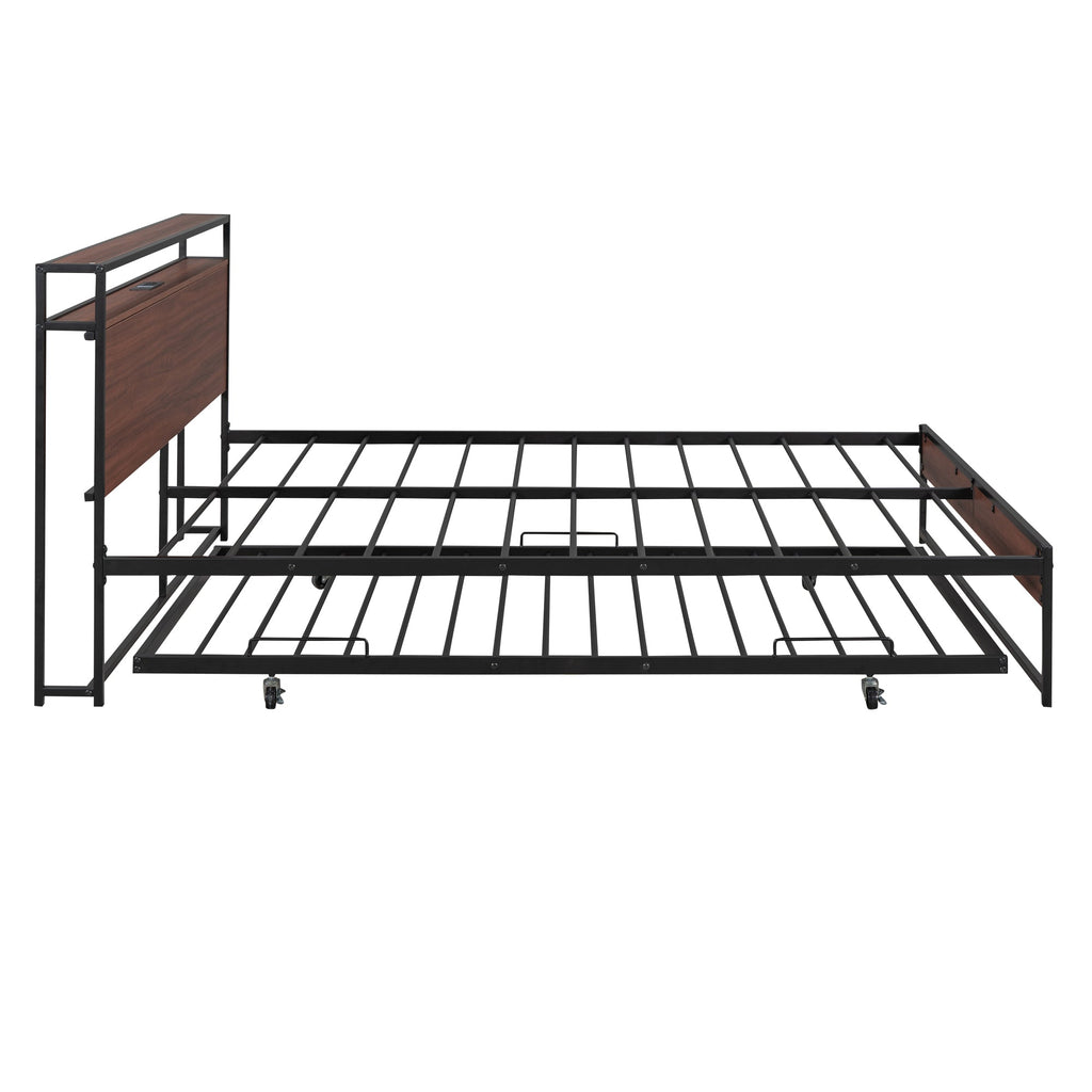 Queen Size Metal Platform Bed Frame with Trundle, USB Ports and Slat Support