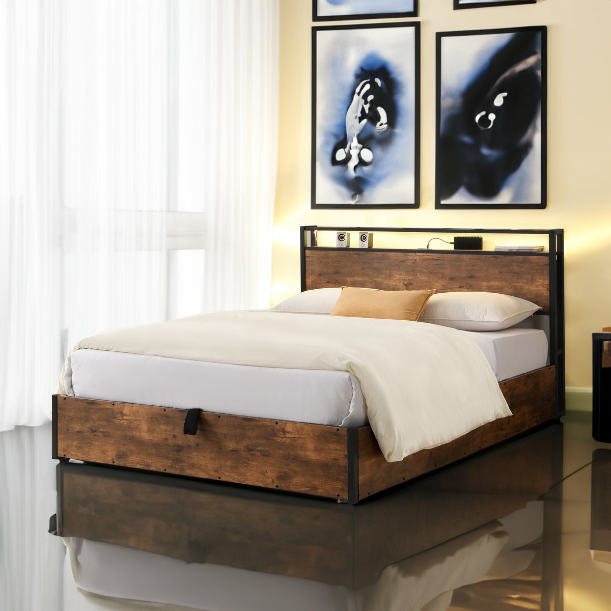 Elevating storage bed frame, full-size bed frame with bookshelf headboard and LED lights
