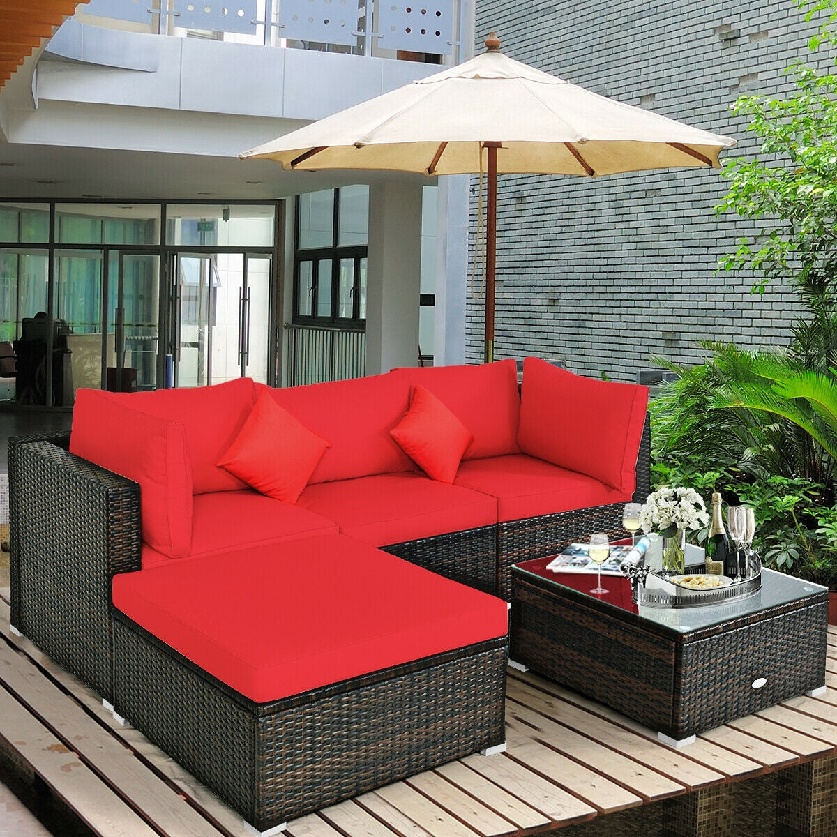 5 Pcs Patio Rattan Furniture Set, Sectional Navy Cushions-Turquoise