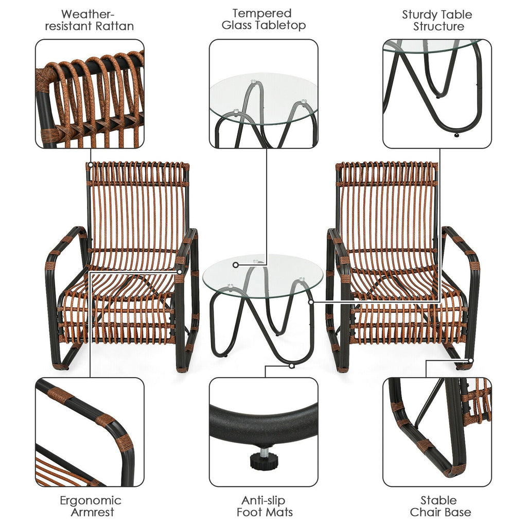 3 Pieces Patio Rattan Set with 2 Single Wicker Chairs and Glass Side Table