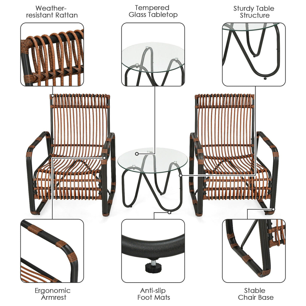 3 Pieces Patio Rattan Set with 2 Single Wicker Chairs and Glass Side Table