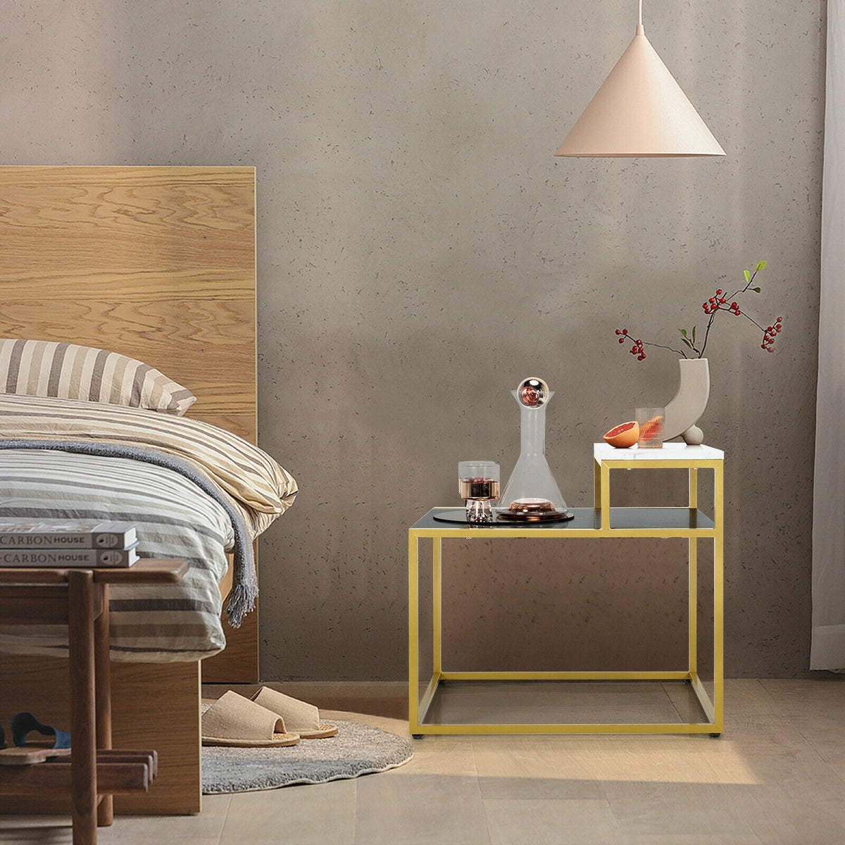 2 Tier End Side Table with  Metal Frame and Storage Shelf