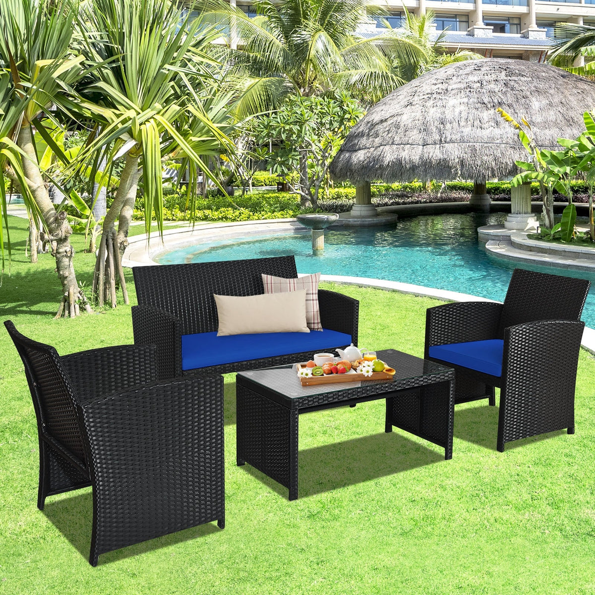 4 Pieces Rattan Patio Set with Weather Resistant Cushions and Glass Tabletop