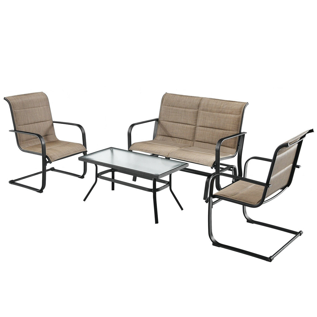 4 Pieces Patio Set with Padded Glider Loveseat and Coffee Table-Brown