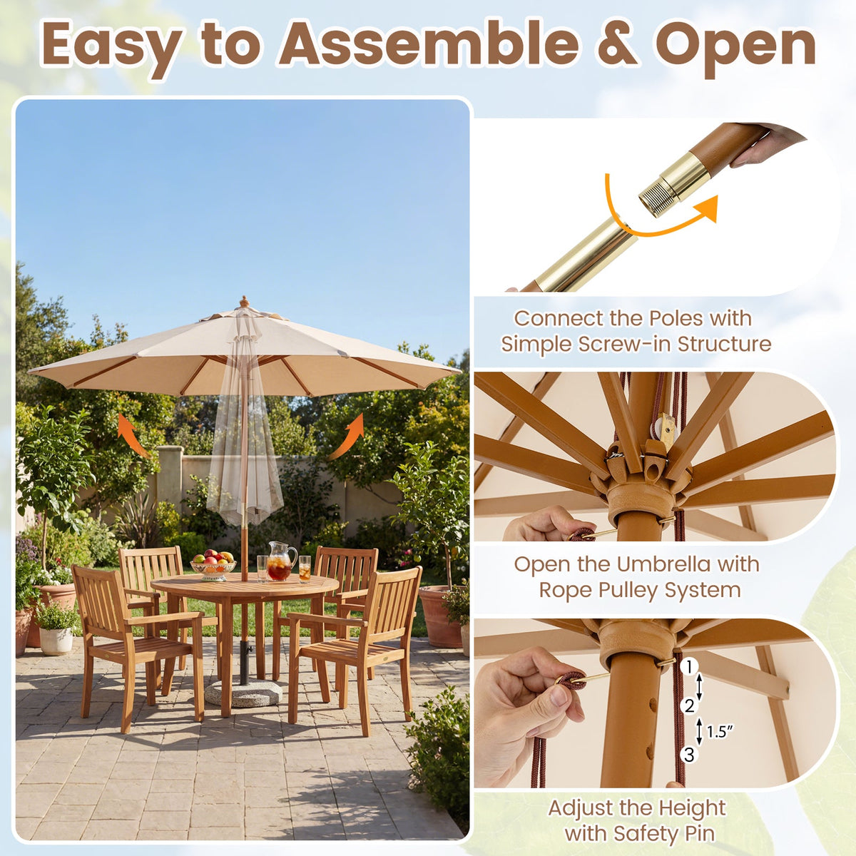 9 FT Patio Umbrella Table Market Umbrella with 8 Sturdy Bamboo Ribs