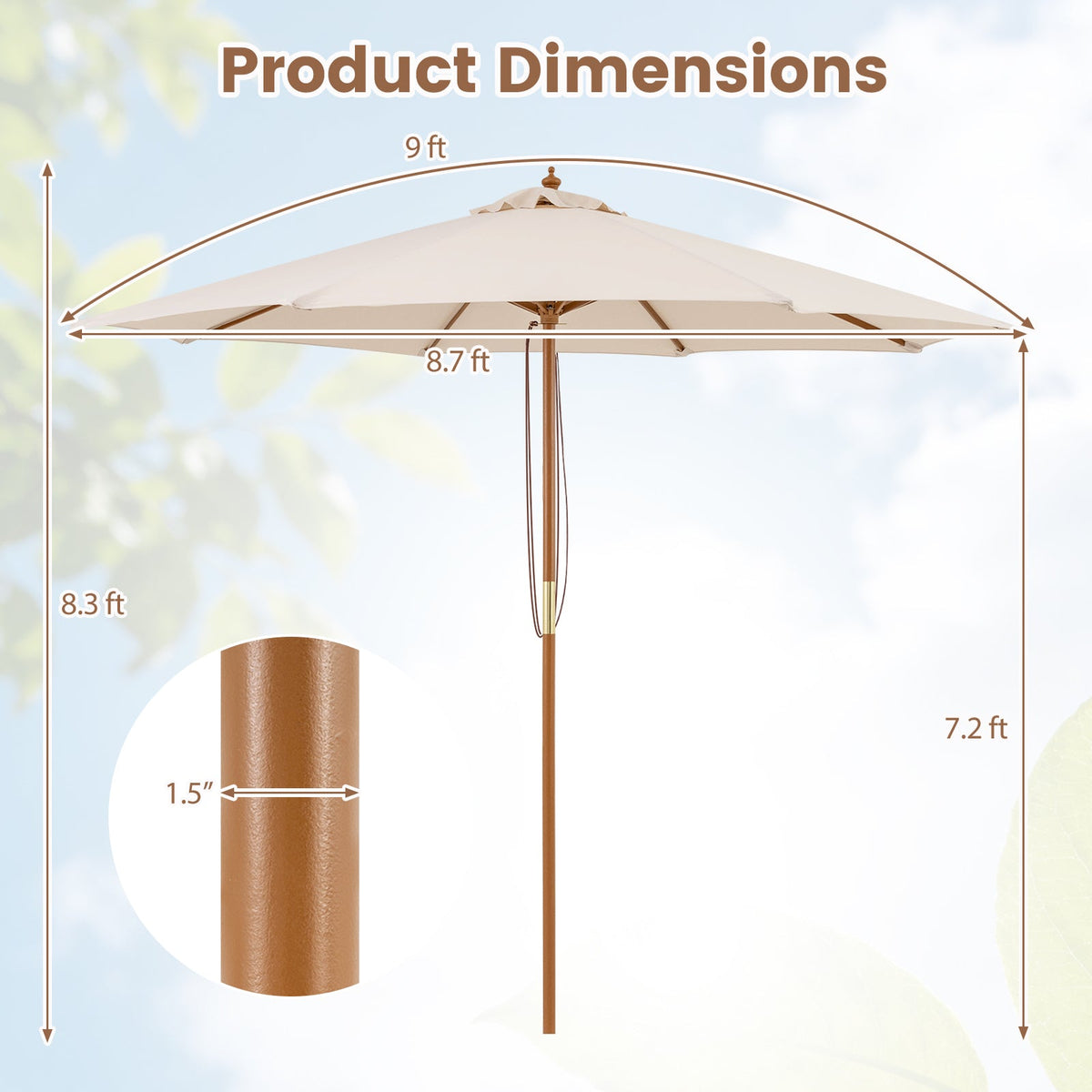 9 FT Patio Umbrella Table Market Umbrella with 8 Sturdy Bamboo Ribs